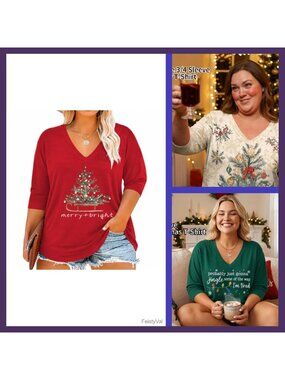 Plus Size Christmas T-Shirt 3/4 Sleeve V-Neck Merry Bright Holiday Top